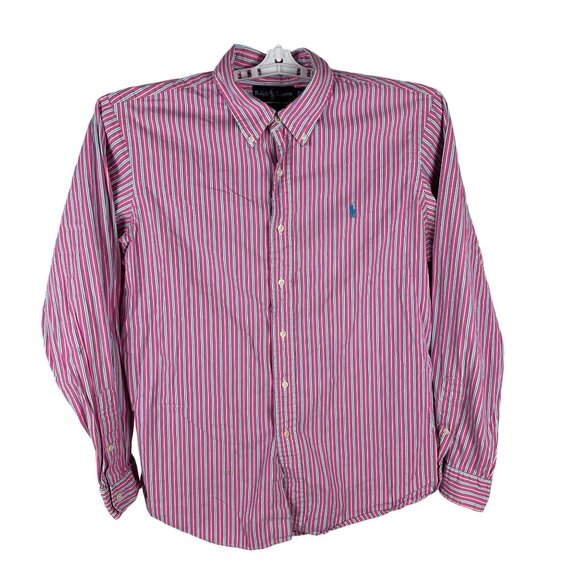 Ralph Lauren Mens Pink & Blue Striped Custom Fit Long Sleeve Shirt Size L - Picture 1 of 6